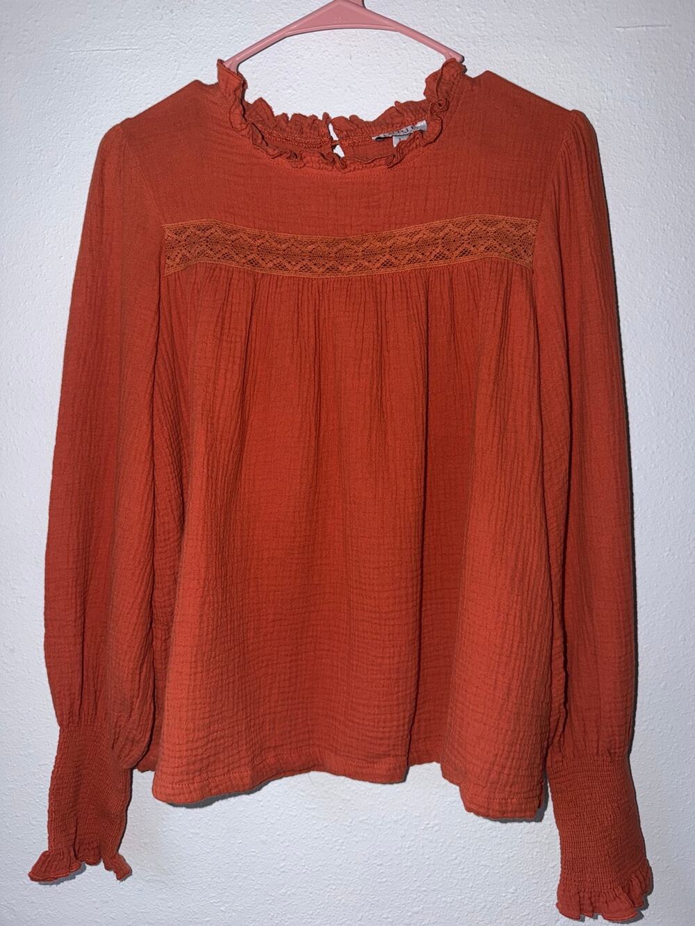 Red Orange Ruffle Cottagecore Lace Peasant Boho Babydoll Top Sze Large Fall Chic